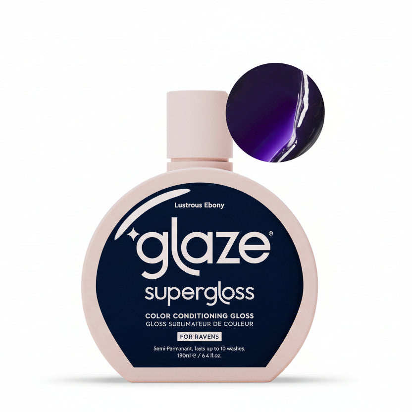 Superglaze color conditioning gloss bottle with purple sample on a light pink background
