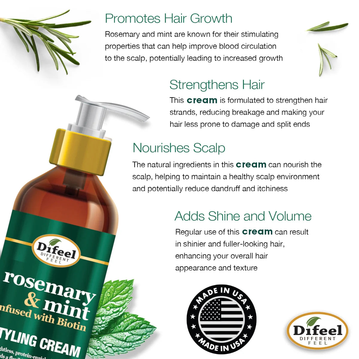 Difeel Rosemary and Mint Biotin Styling Cream 12oz for flexible hold volume texture manageability and shine