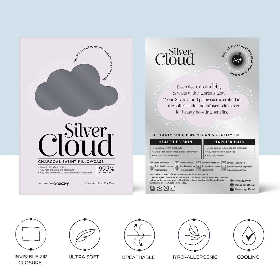 Silver Cloud Satin Pillowcase With Silver Ions- Charcoal