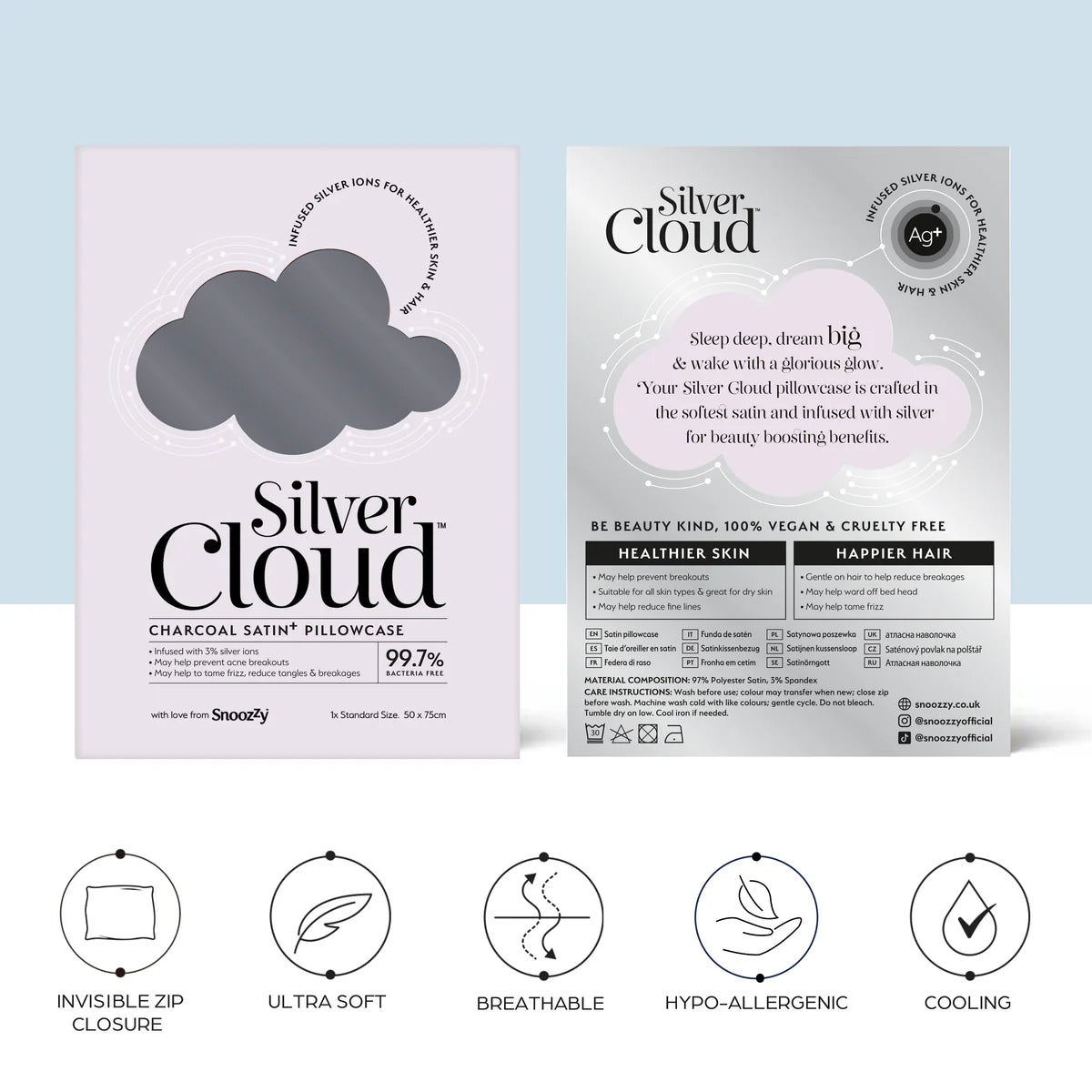 Silver Cloud Satin Pillowcase With Silver Ions- Charcoal