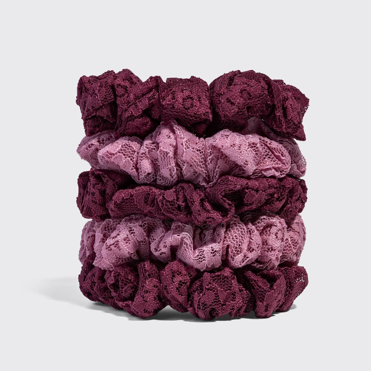 Kitsch Ruched Lace Scrunchies 5pc Set - Cherry Lacquer & Dusty Pink