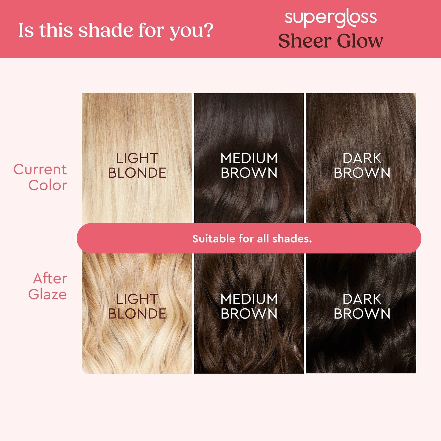 Supergloss Sheer Glow hair color chart showing light blonde, medium brown, and dark brown hair shades.