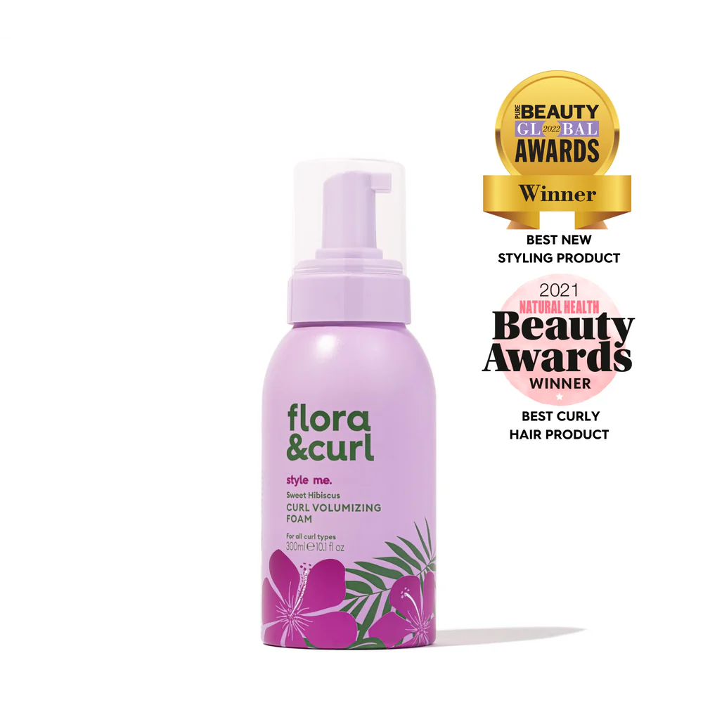 flora curl styling foam. volumizing curls with sweet hibiscus. voted best curly hair product of 2021