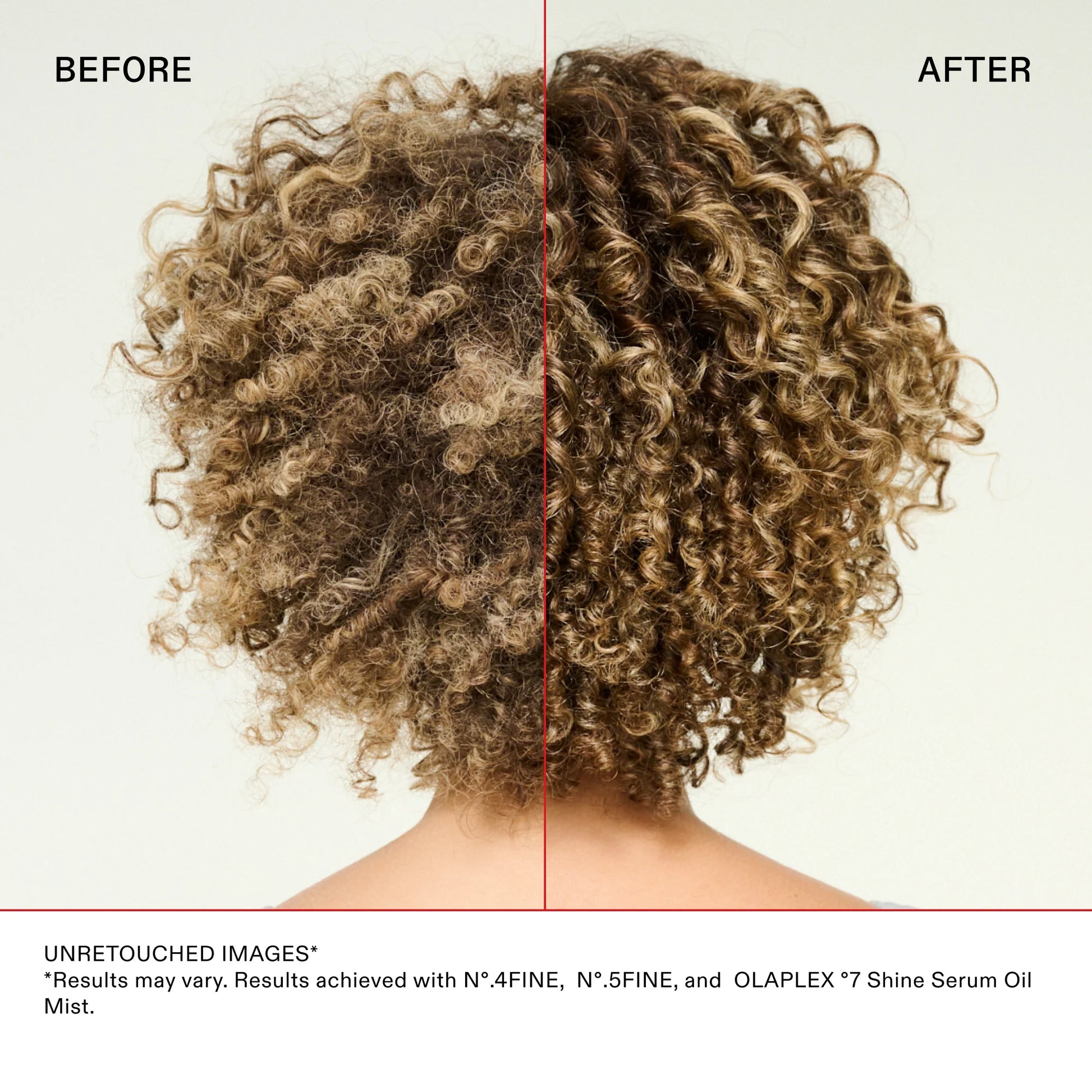 Before and after using Olaplex No.7 Shine Serum Oil Mist showing dry, frizzy curls transformed into hydrated, defined, glossy curls.