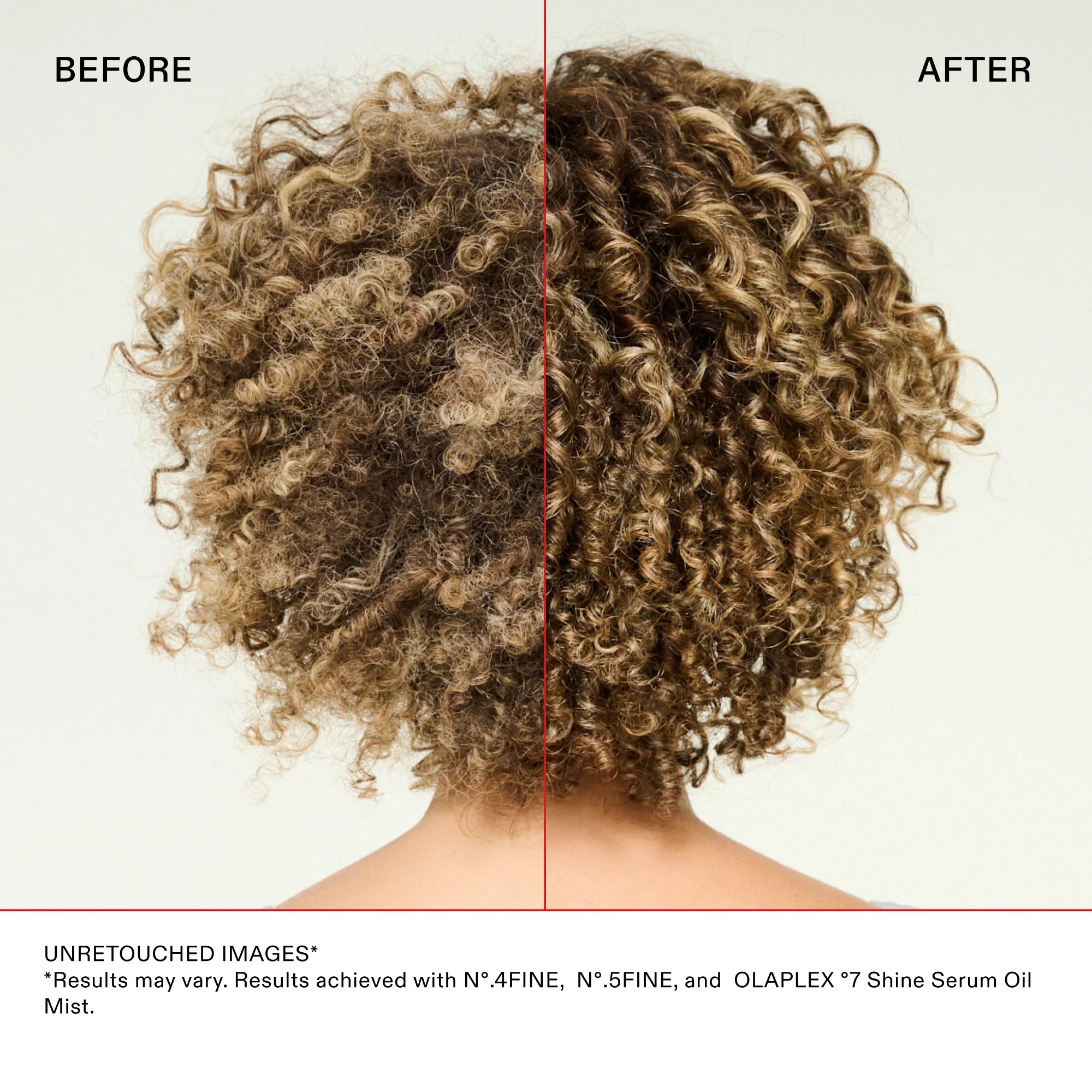 Before and after using Olaplex No.7 Shine Serum Oil Mist showing dry, frizzy curls transformed into hydrated, defined, glossy curls.