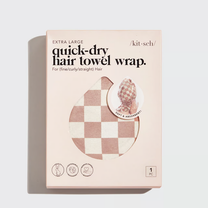 Kitsch XL Quick-Dry Hair Towel Wrap- Terracotta Checker