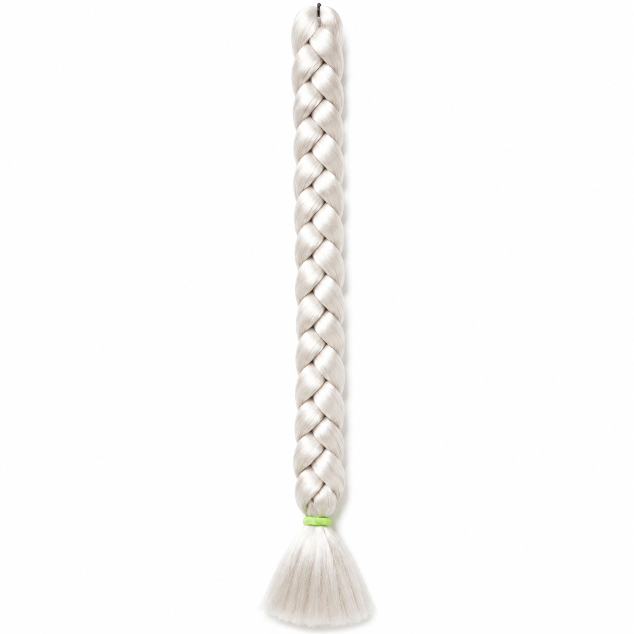 60 silver/white long synthetic braiding hair extension in a neat three-strand braid with a smooth tassel end secured by a green elastic band, isolated on a clean white background