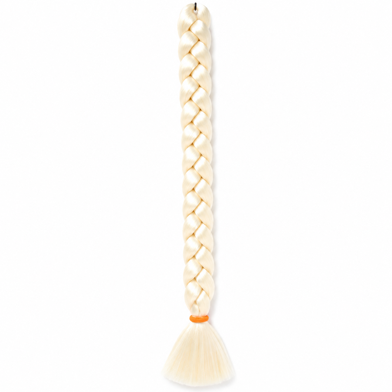 613 beach blonde long synthetic braiding hair extension in a neat three-strand braid with a smooth tassel end secured by an orange elastic band, isolated on a clean white background