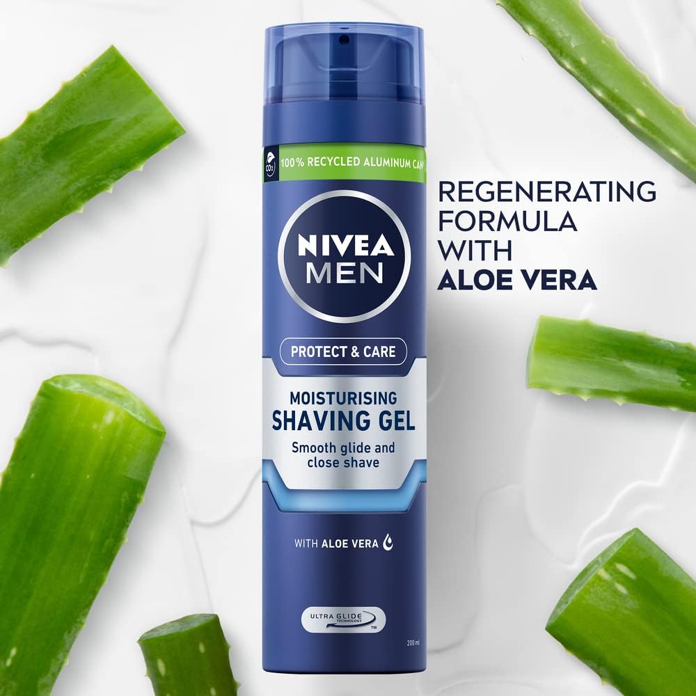 Nivea Men Protect & Care Moisturising Shaving Gel 200ml blue aerosol can surrounded by aloe vera pieces on a white gel-textured background, highlighting a moisturising formula for smooth glide and a close shave.