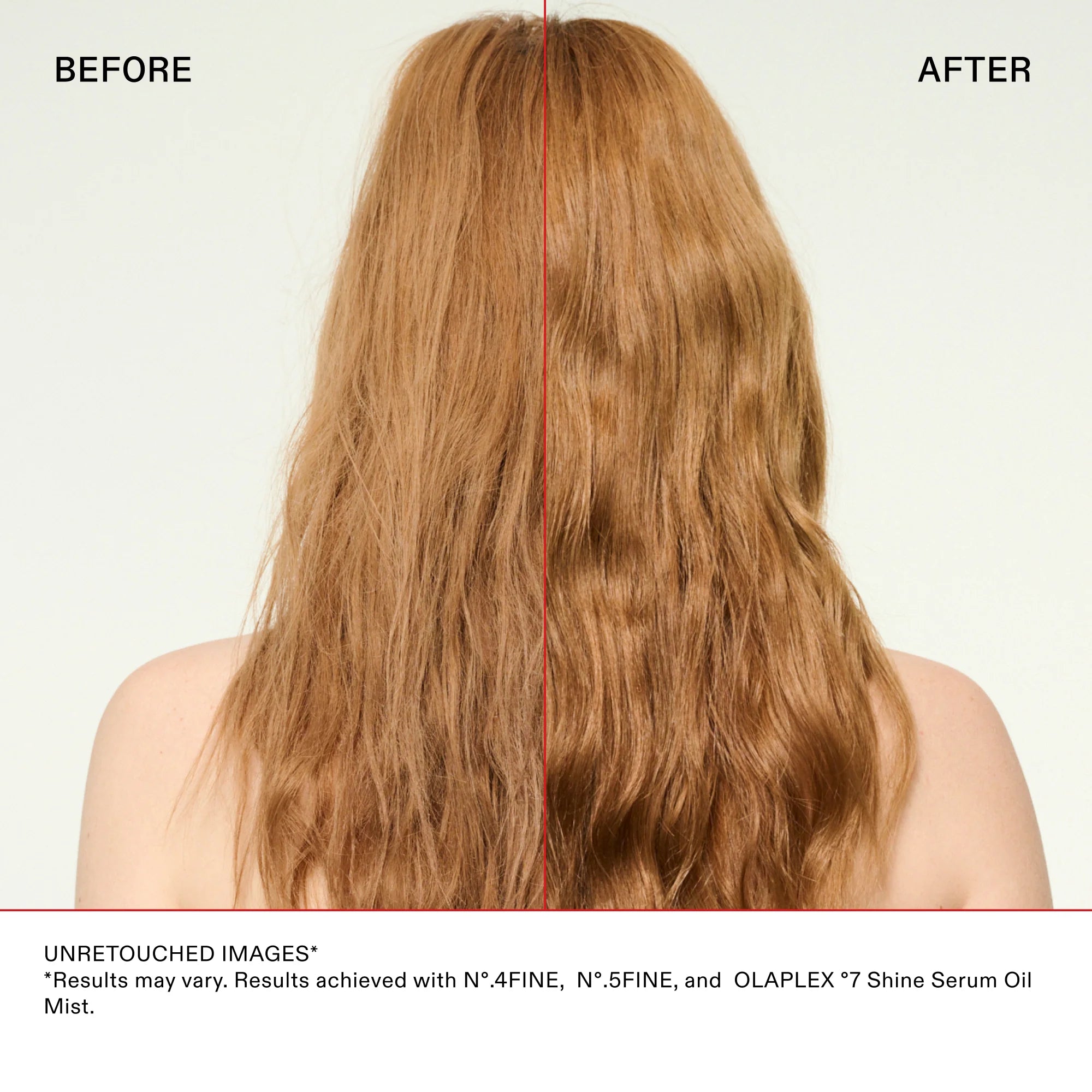 Before and after using Olaplex No.7 Shine Serum Oil Mist showing dull, dry hair transformed into smoother, shinier, hydrated hair with reduced frizz.