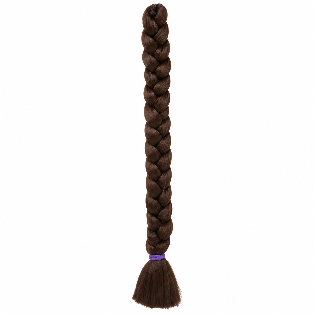6 light brown long synthetic braiding hair extension in a neat three-strand braid with a smooth tassel end secured by a purple elastic band, isolated on a clean white background.