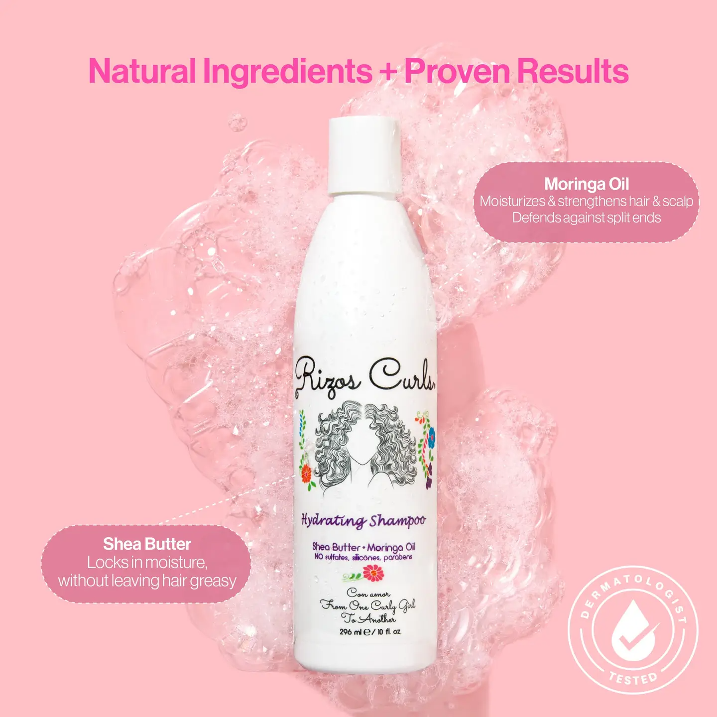 Rizos Curls Hydrating Shampoo infographics including moringa oil and shea butter