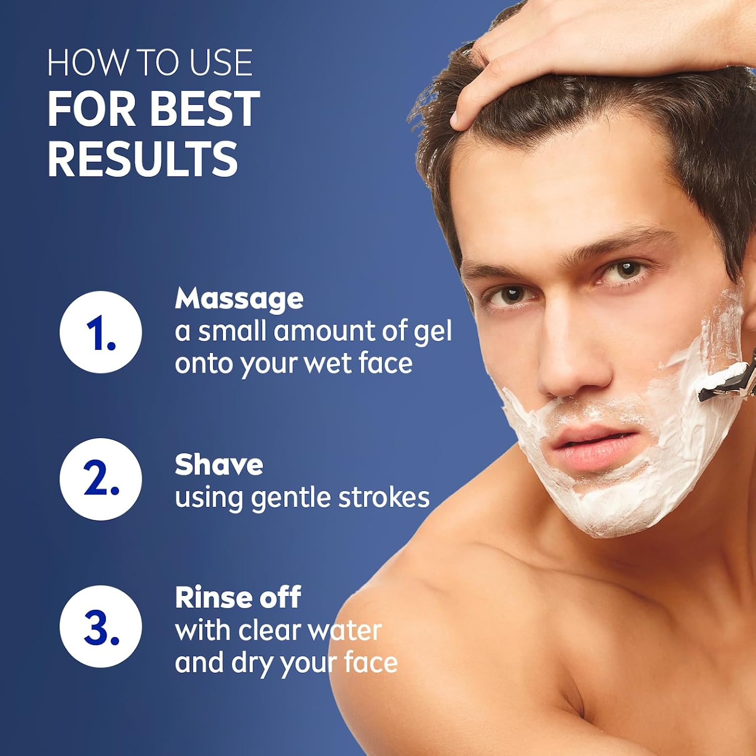 Man shaving with Nivea Men Protect & Care Moisturising Shaving Gel against a navy background, showing instructions to massage onto wet skin, shave gently and rinse with clean water.
