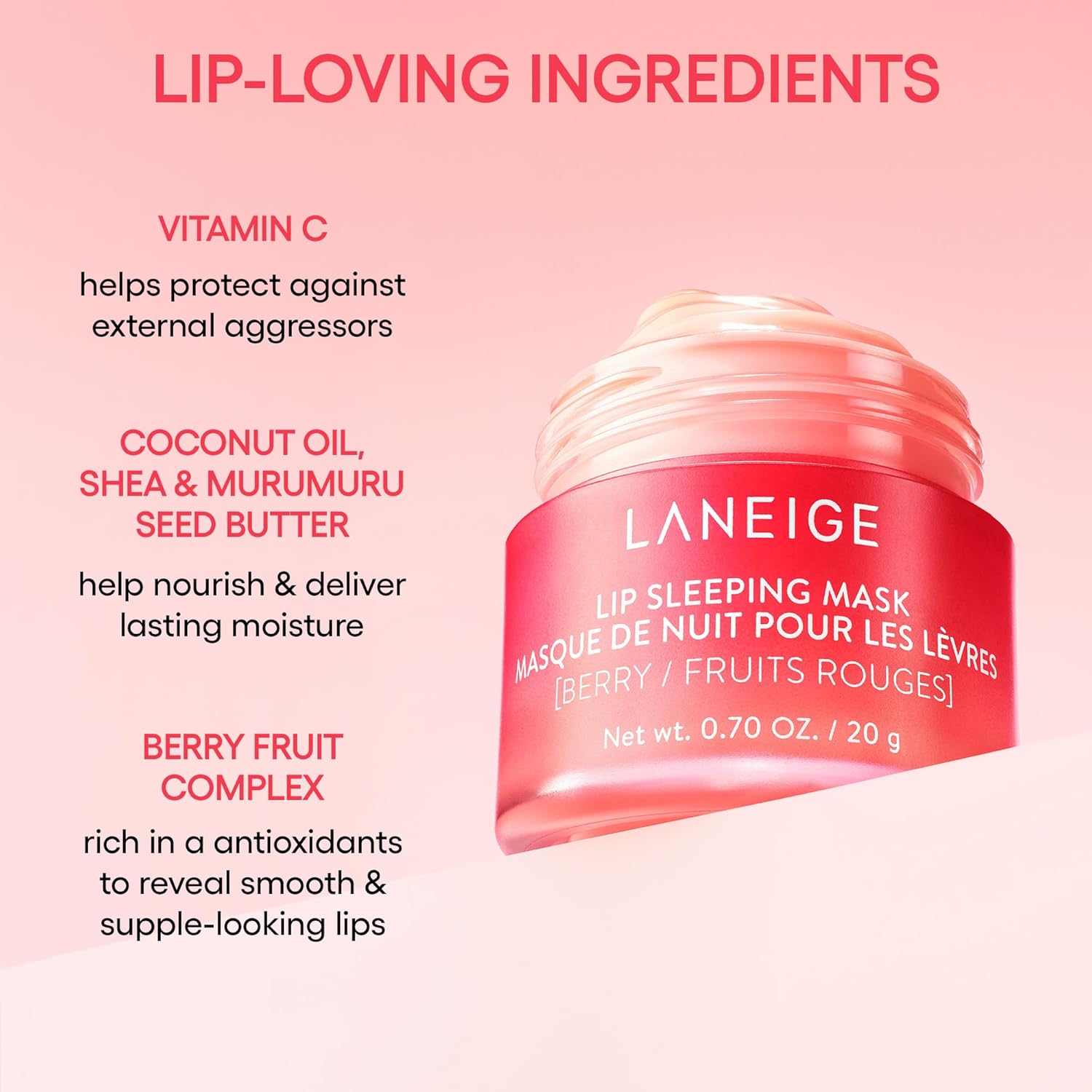 Laneige lip sleeping mask with ingredients listed on a pink background