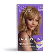 A box of Dark & Lovely Fade Resist Rich Conditioning Color in the shade 379 Golden Bronze, featuring an image of a woman with golden bronze hair color.