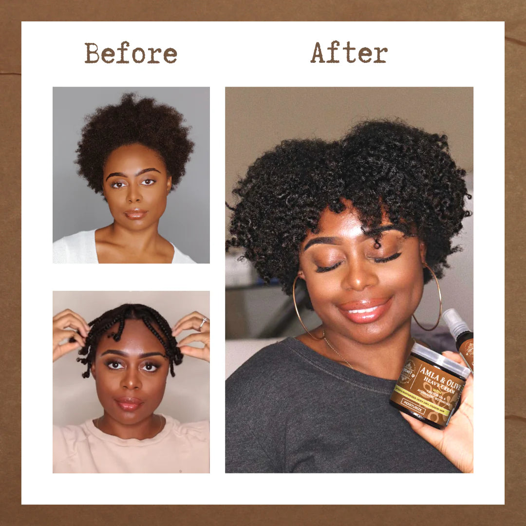 Before and after comparison of a woman's hair with a qhemet amla heavy cream, set against a brown background.
