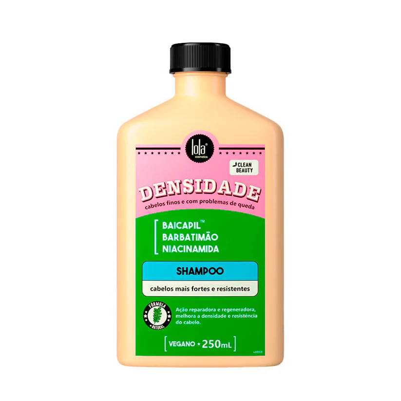 Lola Densidade Shampoo bottle with colorful label on a white background