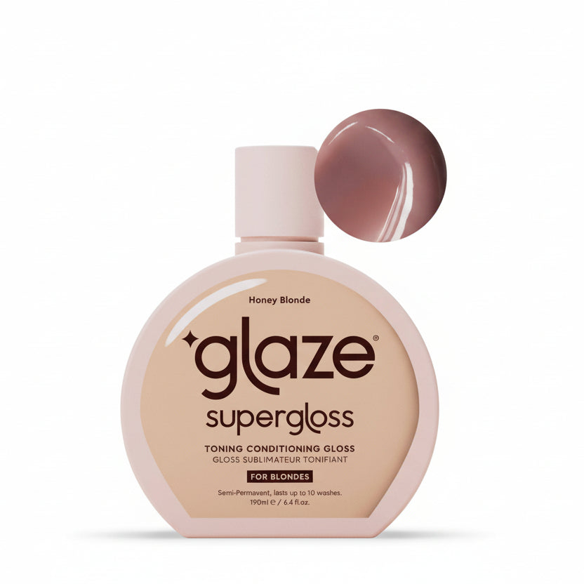 Glaze supergloss bottle with a sample of the product on a light pink background
