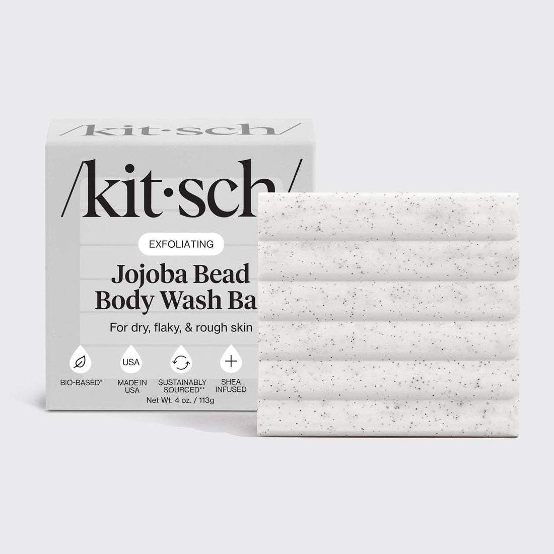 Kit-sch exfoliating jojoba bead body wash bars on a white background