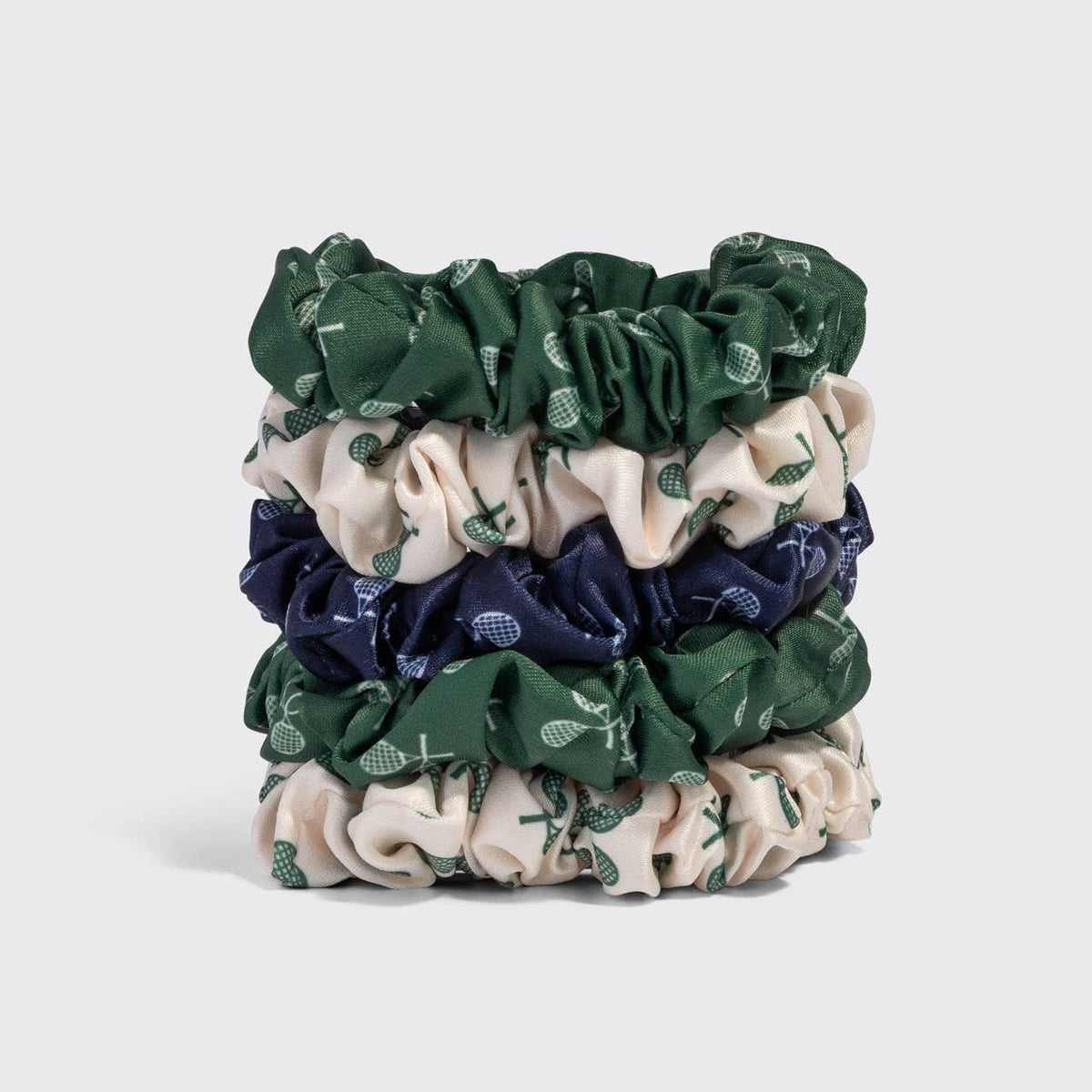 Kitsch Ruched Satin Scrunchies 5pc Set - Cream, Court Green & Navy Blue