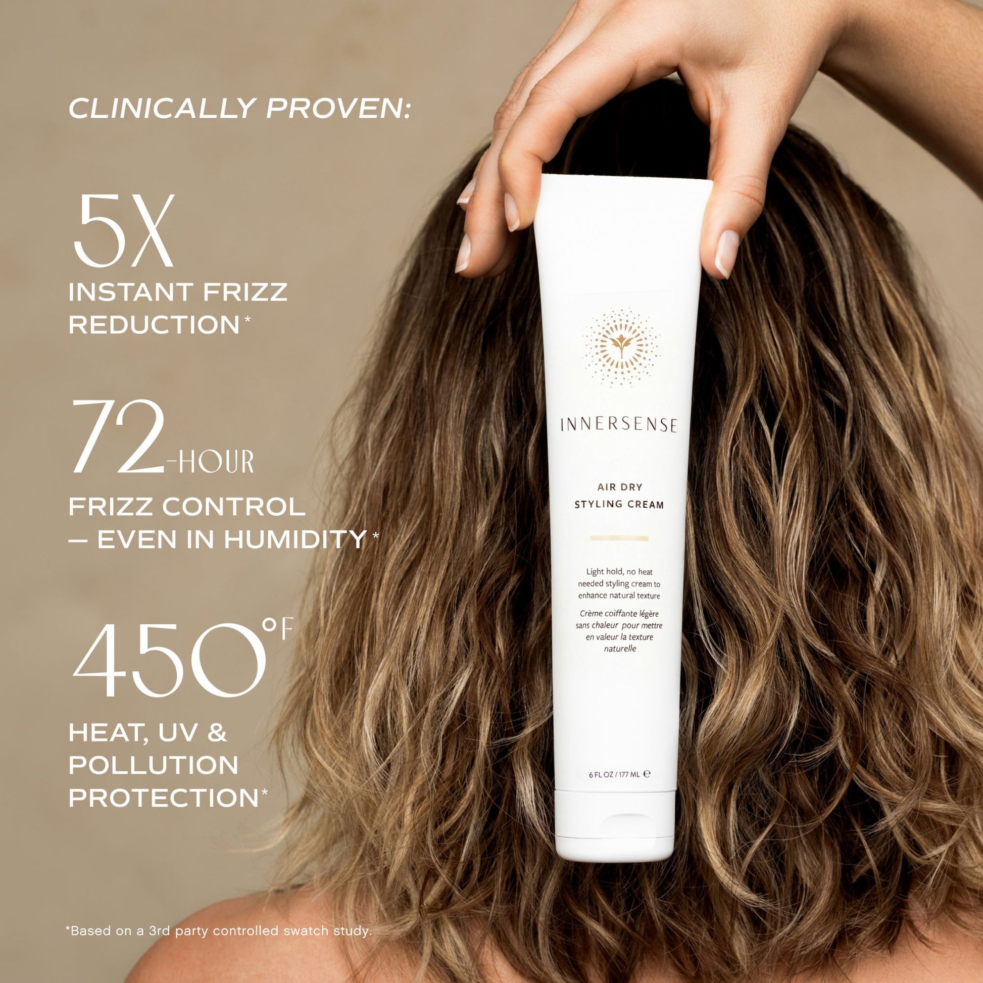 Person holding a bottle of Innersense hair product with text about its benefits.
