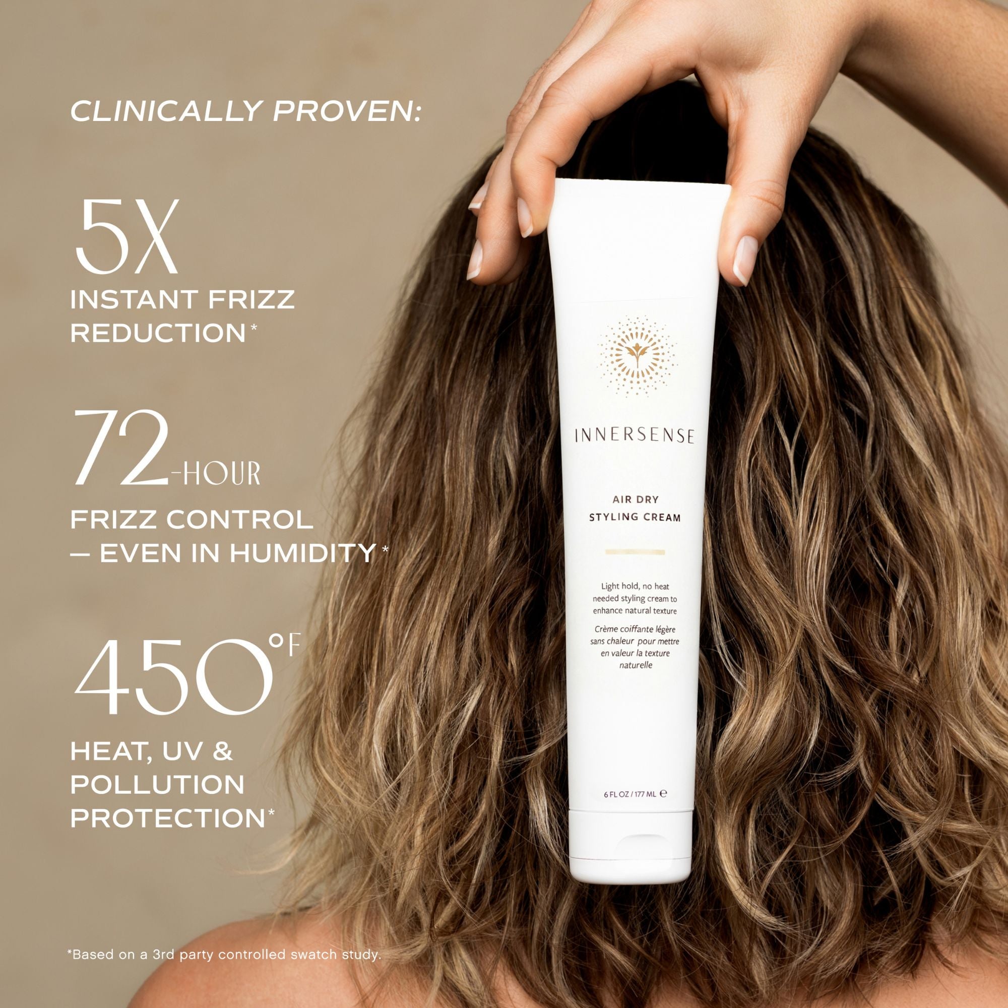 Person holding a bottle of Innersense hair product with text about its benefits.