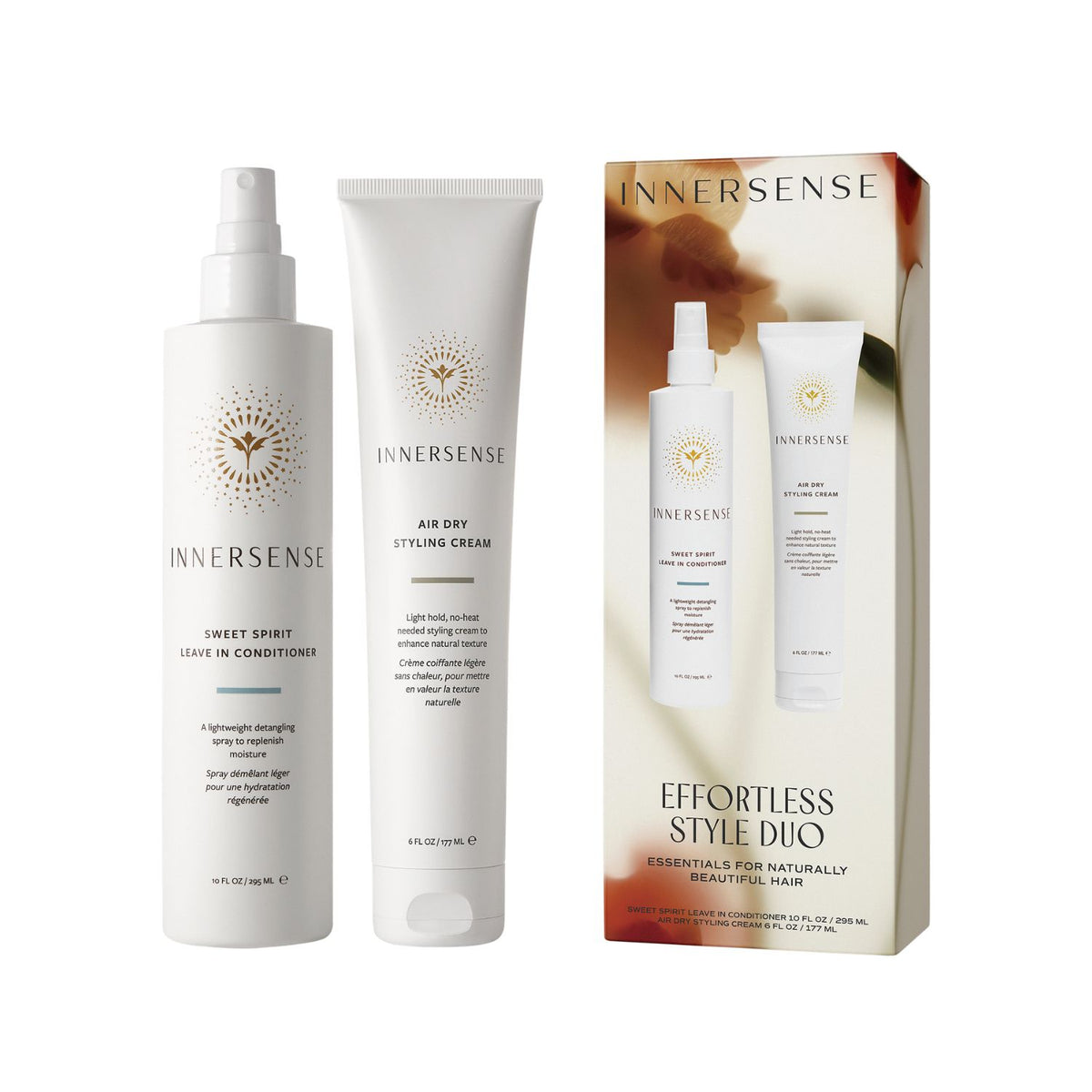 Innersense Effortless Style Duo hair care set including Sweet Spirit Leave-In Conditioner, Air Dry Styling Cream, and the product box on a white background.