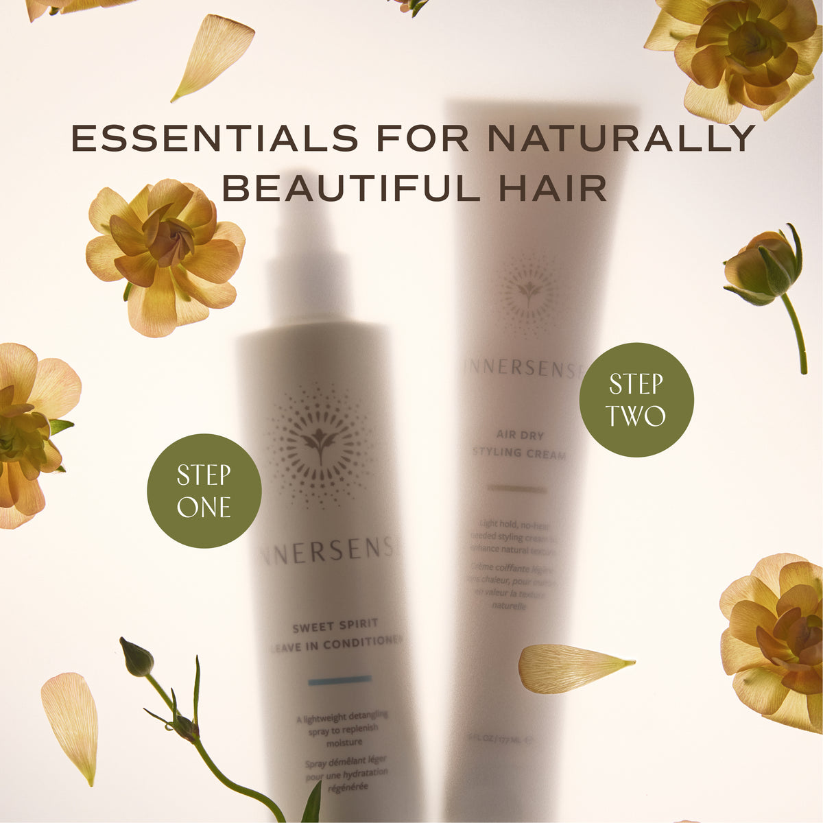 Two white Innersens hair care bottles on a light cream background with decorative yellow flowers and the text 'ESSENTIALS FOR NATURALLY BEAUTIFUL HAIR', 'STEP ONE', and 'STEP TWO'.