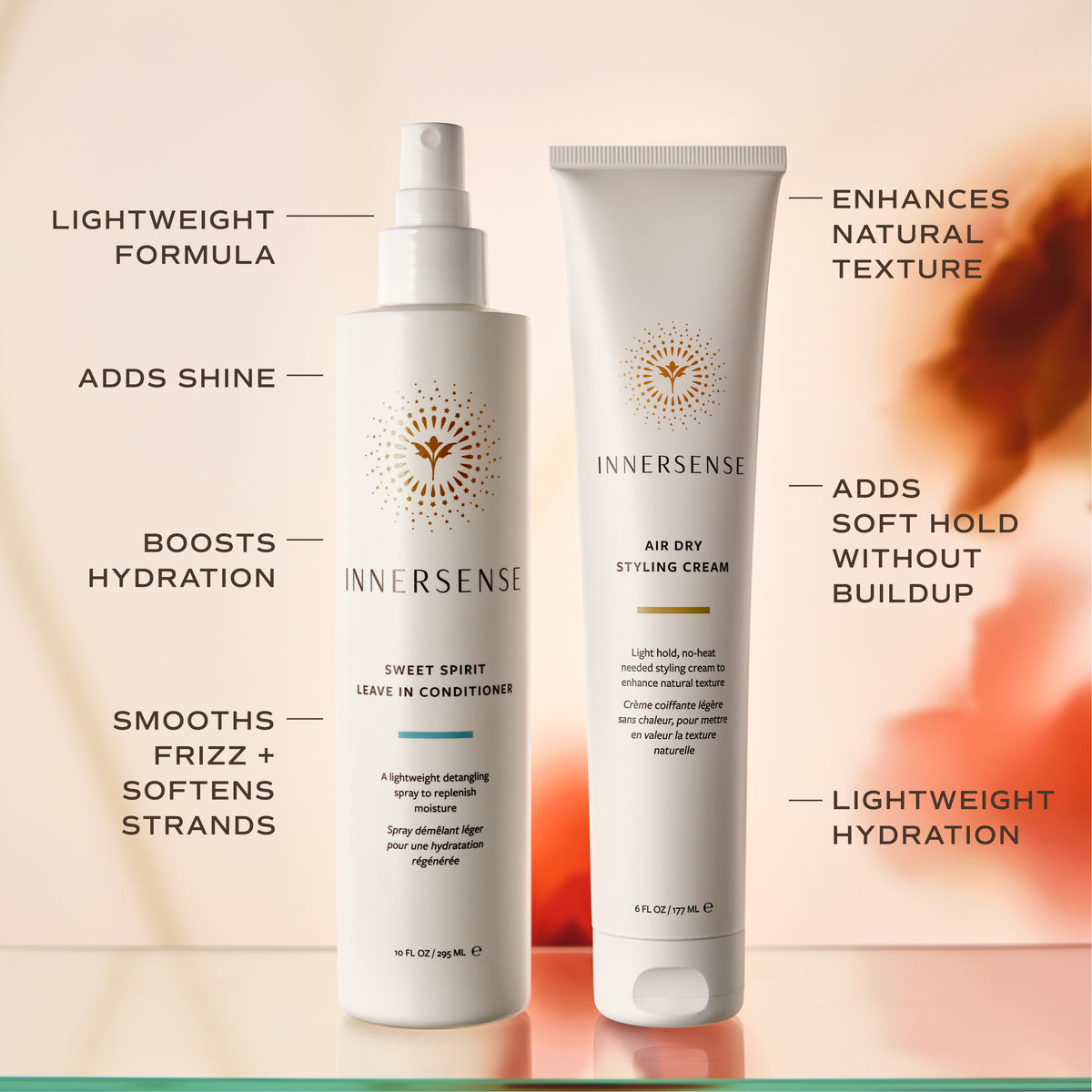 Two Innersense haircare products, Sweet Spirit Leave-in Conditioner in a white spray bottle and Air Dry Styling Cream in a white tube, displayed side-by-side with text callouts on a warm beige background.