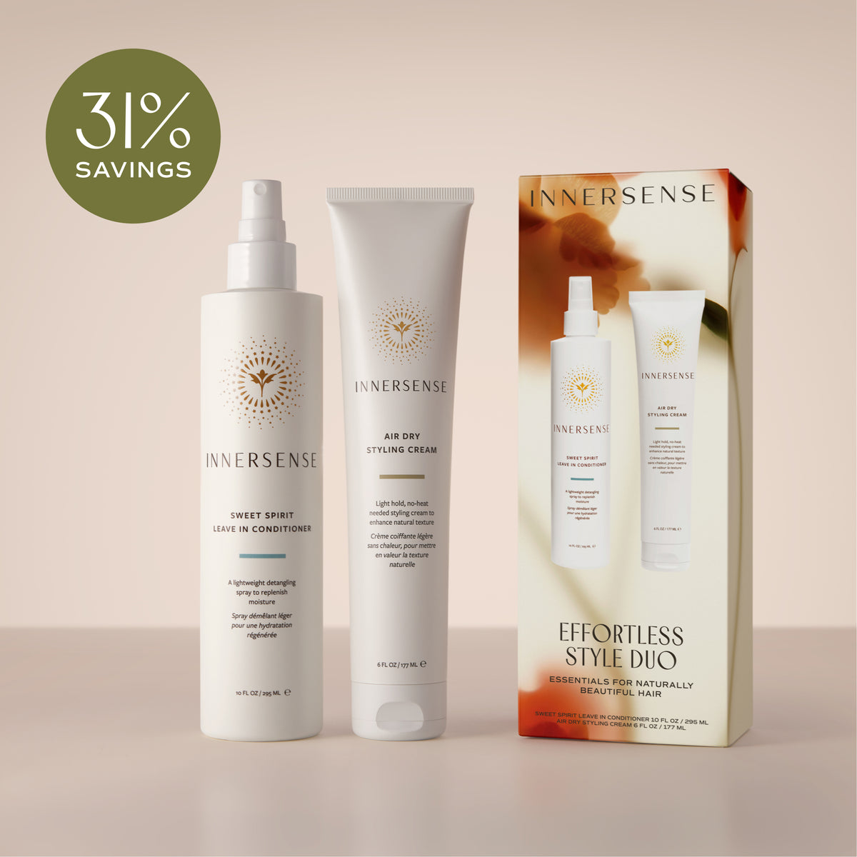 An Innersense haircare set on a warm beige background, featuring a Sweet Spirit Leave-in Conditioner spray bottle, an Air Dry Styling Cream tube, and their matching retail box. A green circular badge in the top left reads '31% SAVINGS'.