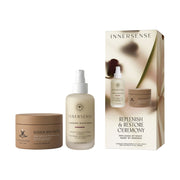 Innersense Replenish & Restore Ceremony gift set featuring a Blissful Body Butter jar, a Overnight Repair Serum bottle, and the product packaging box on a white background.