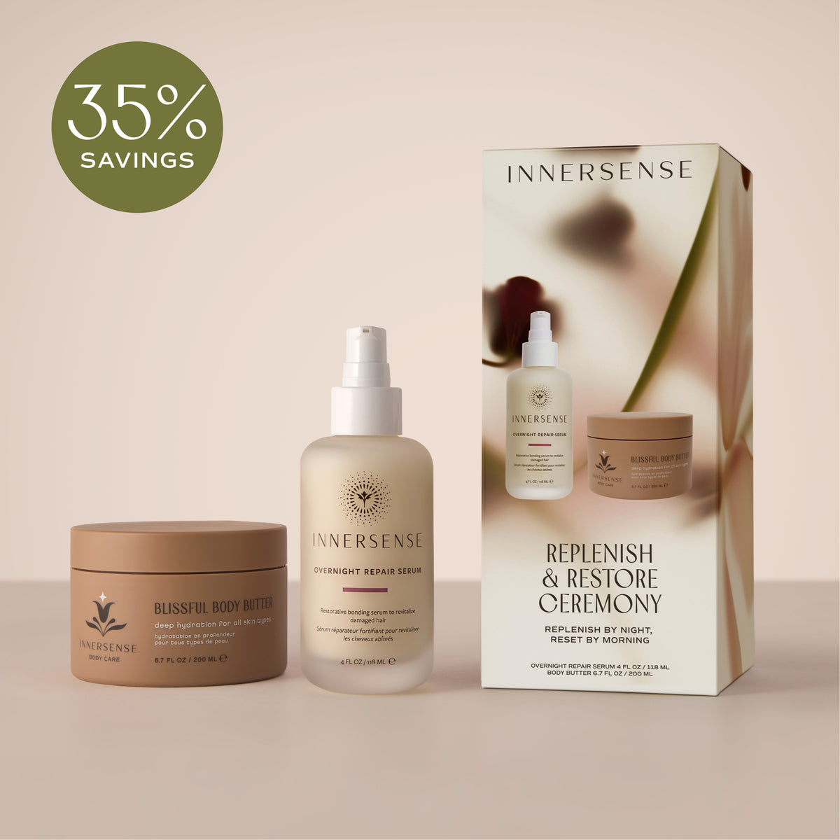 An InnerSense replenish and restore ceremony set featuring a body butter jar, a serum bottle, and its retail box, displayed on a warm beige background with a green '35% SAVINGS' badge.