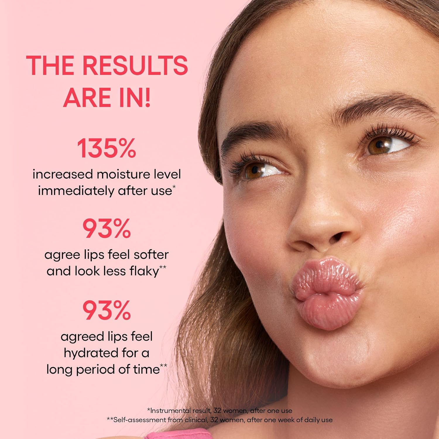 Woman with moisturized lips on a pink background with skincare product information.