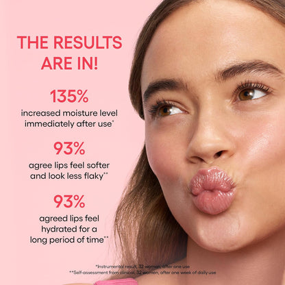Woman with moisturized lips on a pink background with skincare product information.