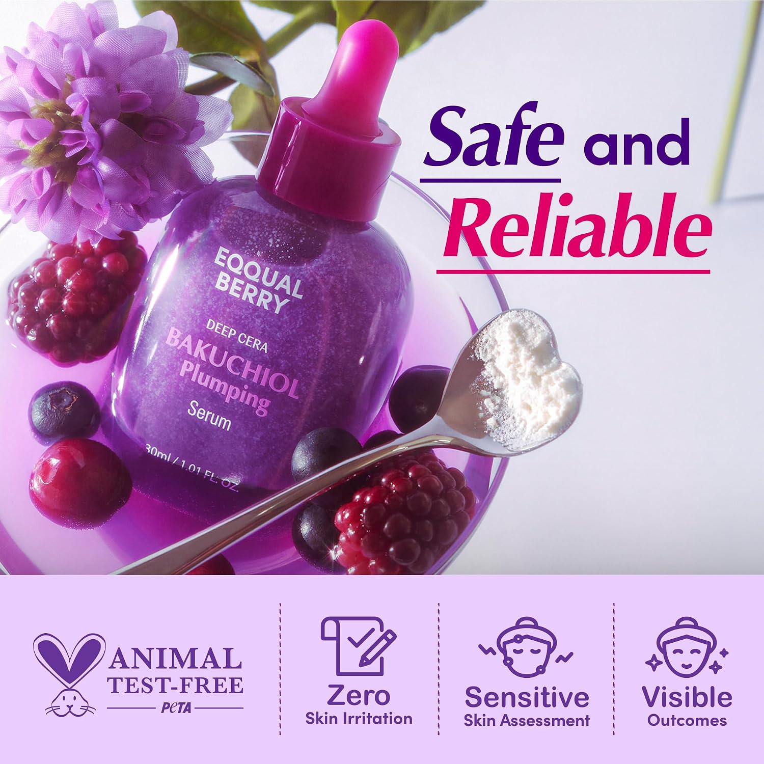 equal berry deep cera bakuchiol plumping serum safe and reliable, no animal testing, sensitive and irritant prone skin tested