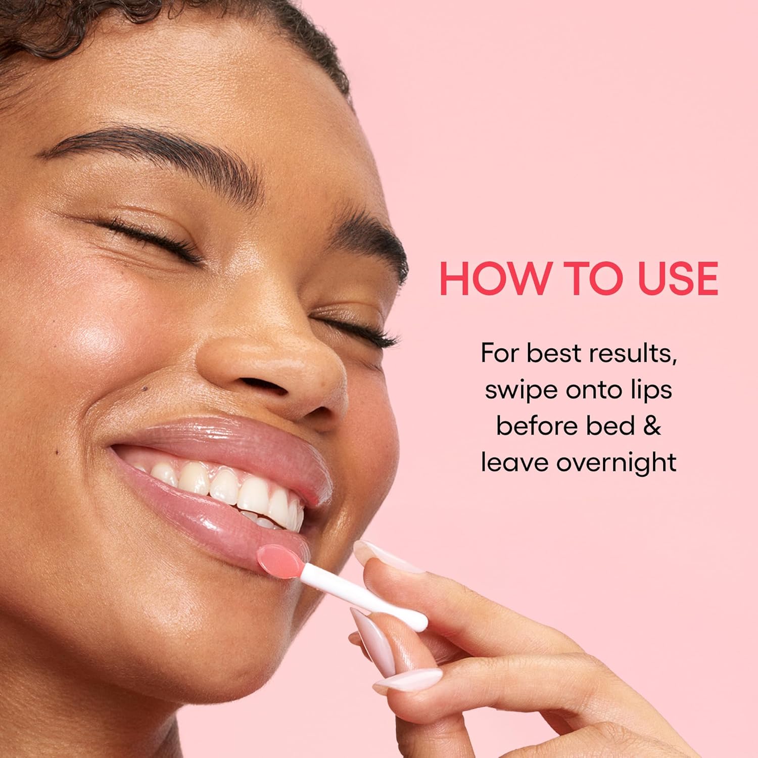 Woman applying lip balm with text on a pink background