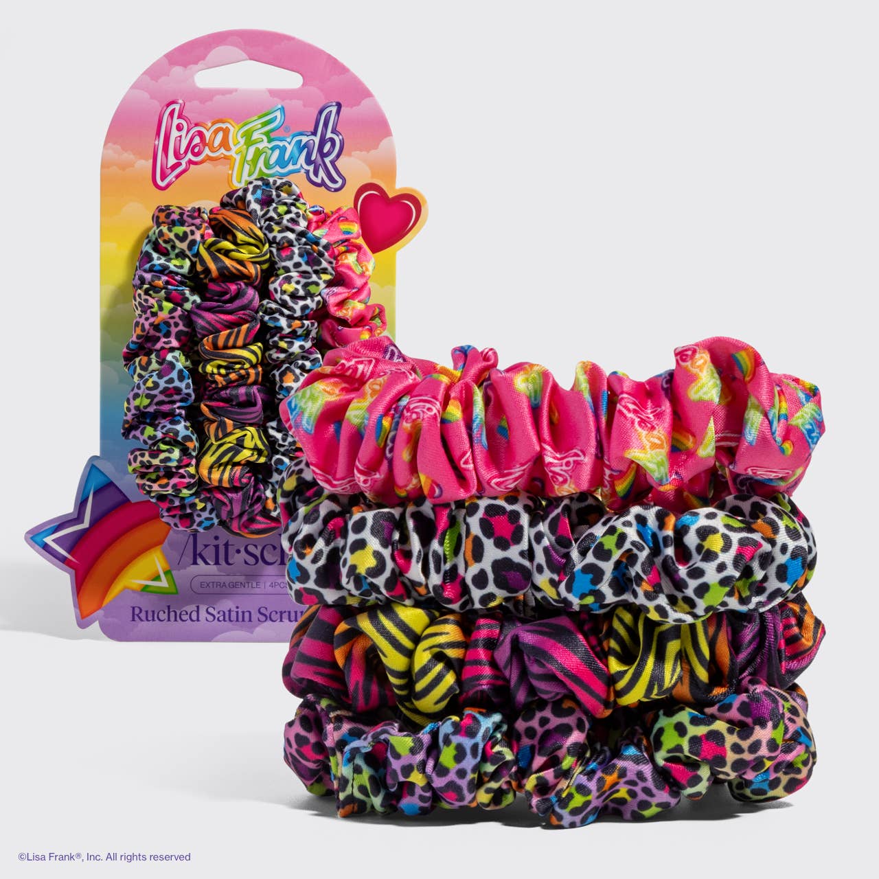 Lisa Frank x Kitsch Ruched Satin Scrunchies in Rainbow Leopard