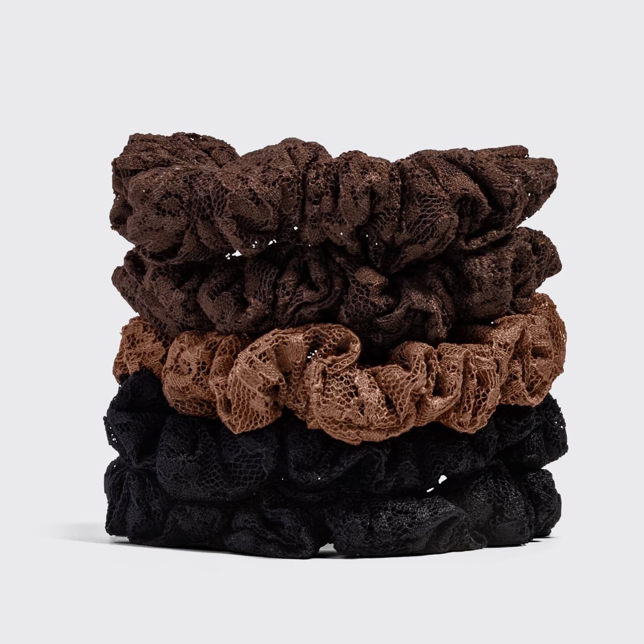 Kitsch Ruched Lace Scrunchies 5pc Set - Black, Chocolate & Mocha