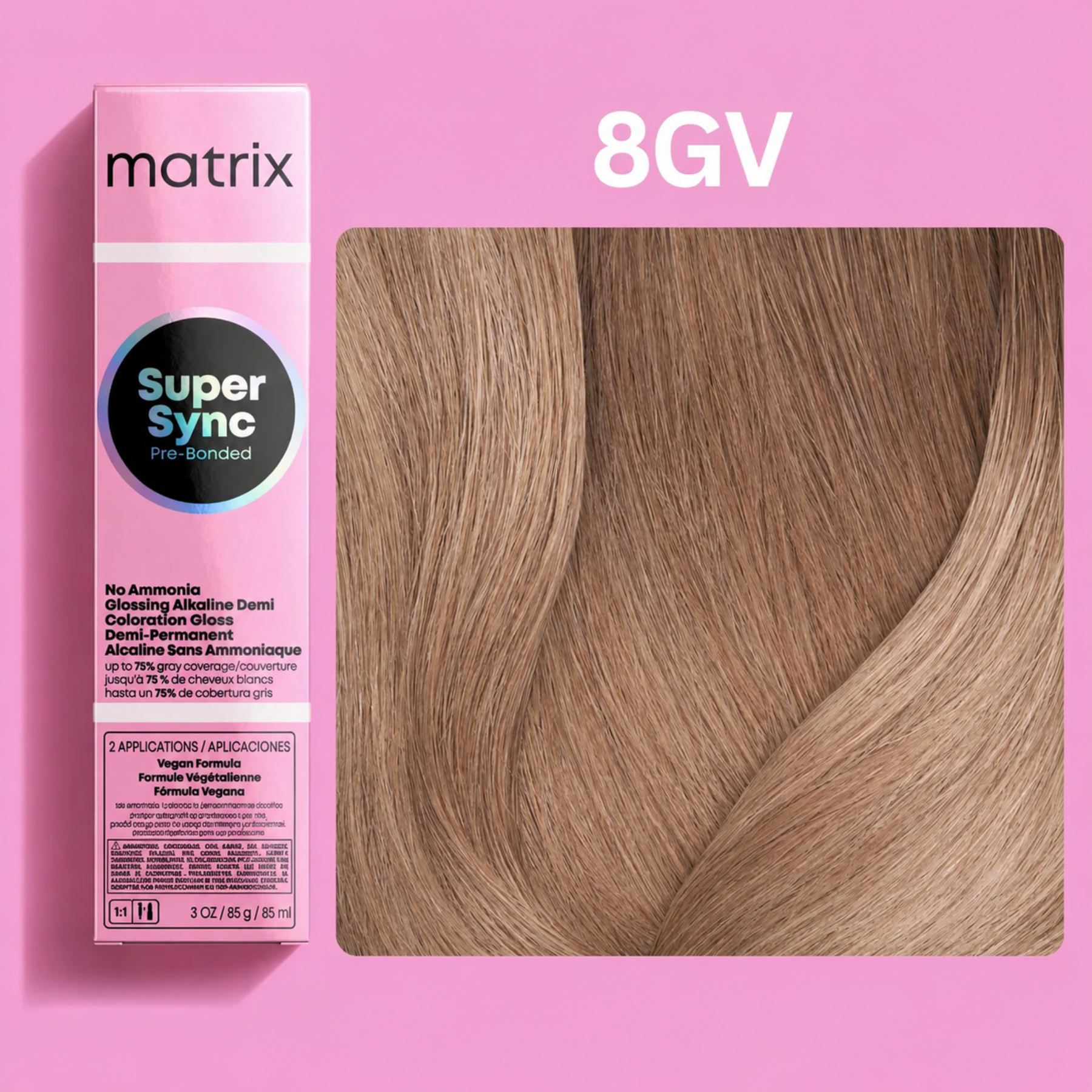 Matrix Super Sync Pre-Bonded Glossing Alkaline Demi-Permanent Hair Colour 8GV with warm golden violet blonde hair colour swatch and Matrix professional salon colour packaging.