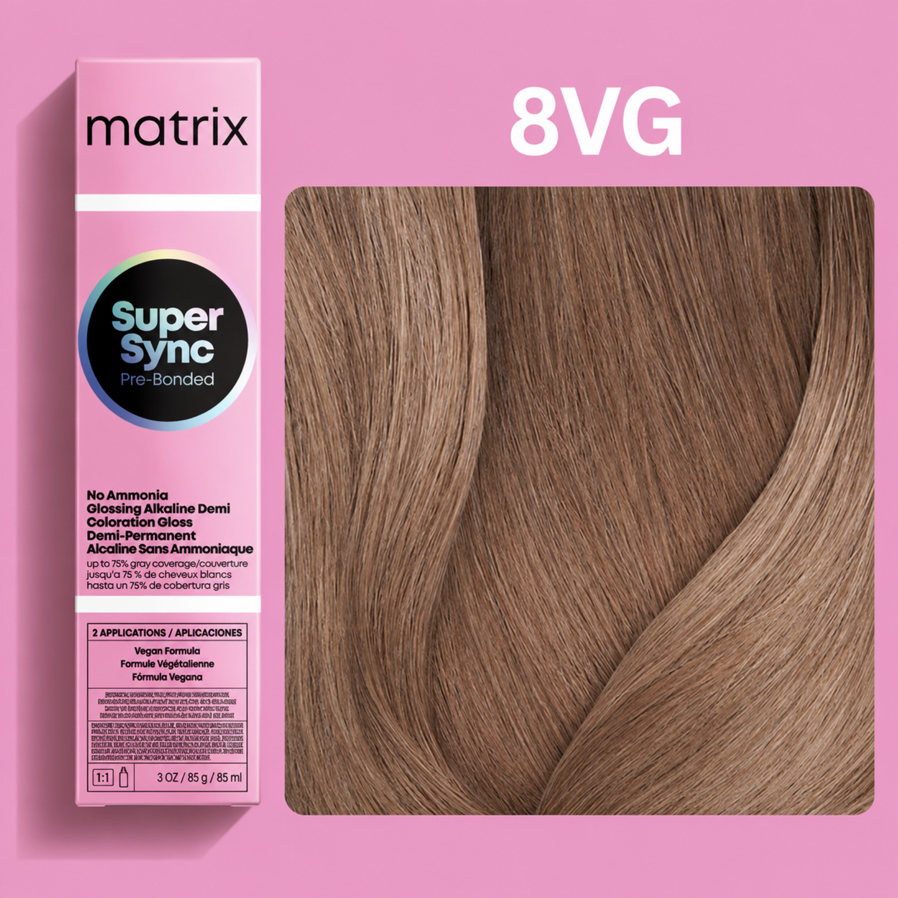 Matrix Super Sync Pre-Bonded Glossing Alkaline Demi-Permanent Hair Colour 8VG with medium blonde violet gold hair colour swatch and Matrix professional salon colour packaging.