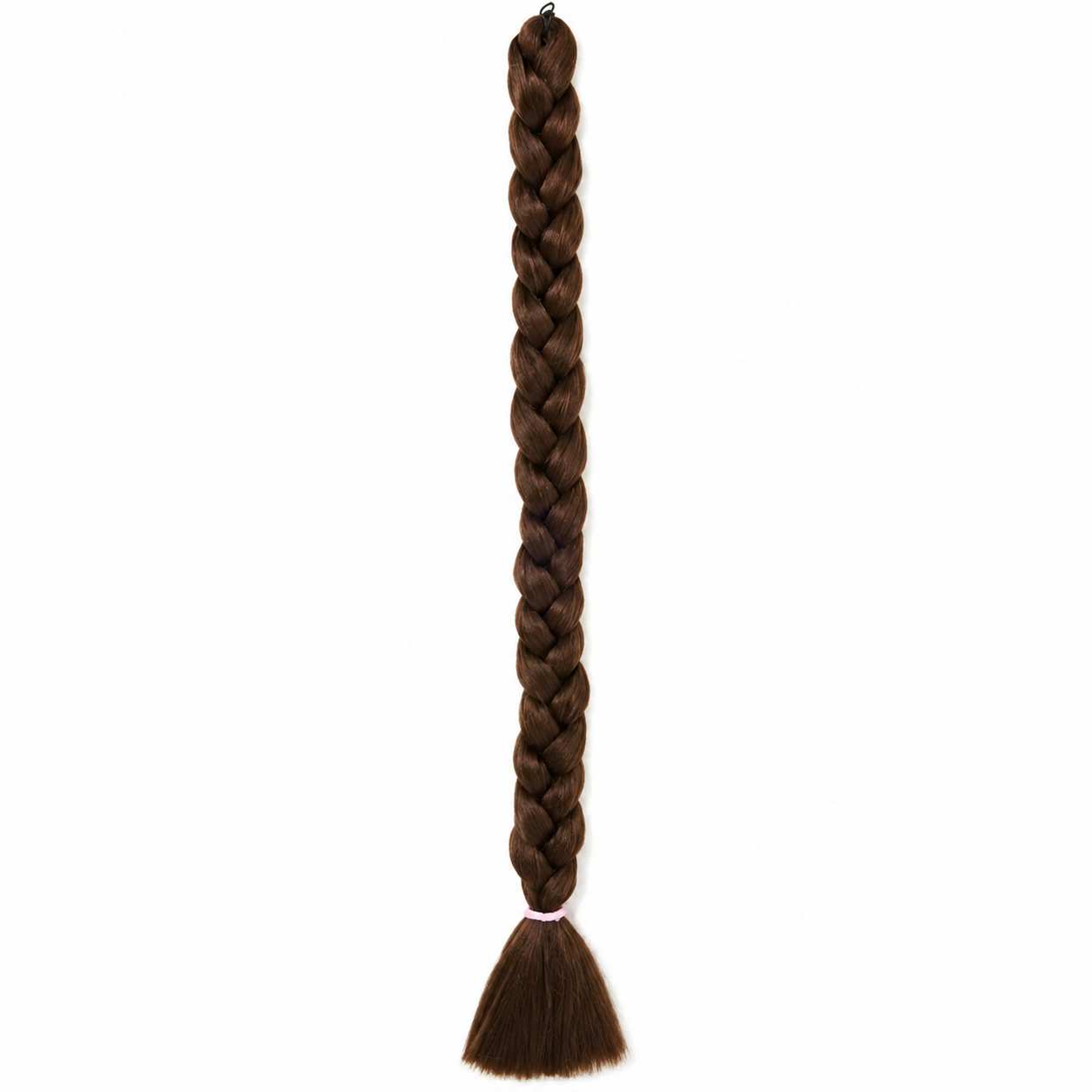 8 chocolate brown long synthetic braiding hair extension in a neat three-strand braid with a smooth tassel end secured by a baby pink elastic band, isolated on a clean white background.