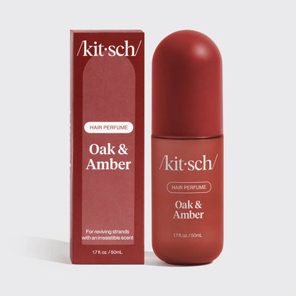 Kitsch Oak &amp; Amber hair perfume bottle and packaging on a white background