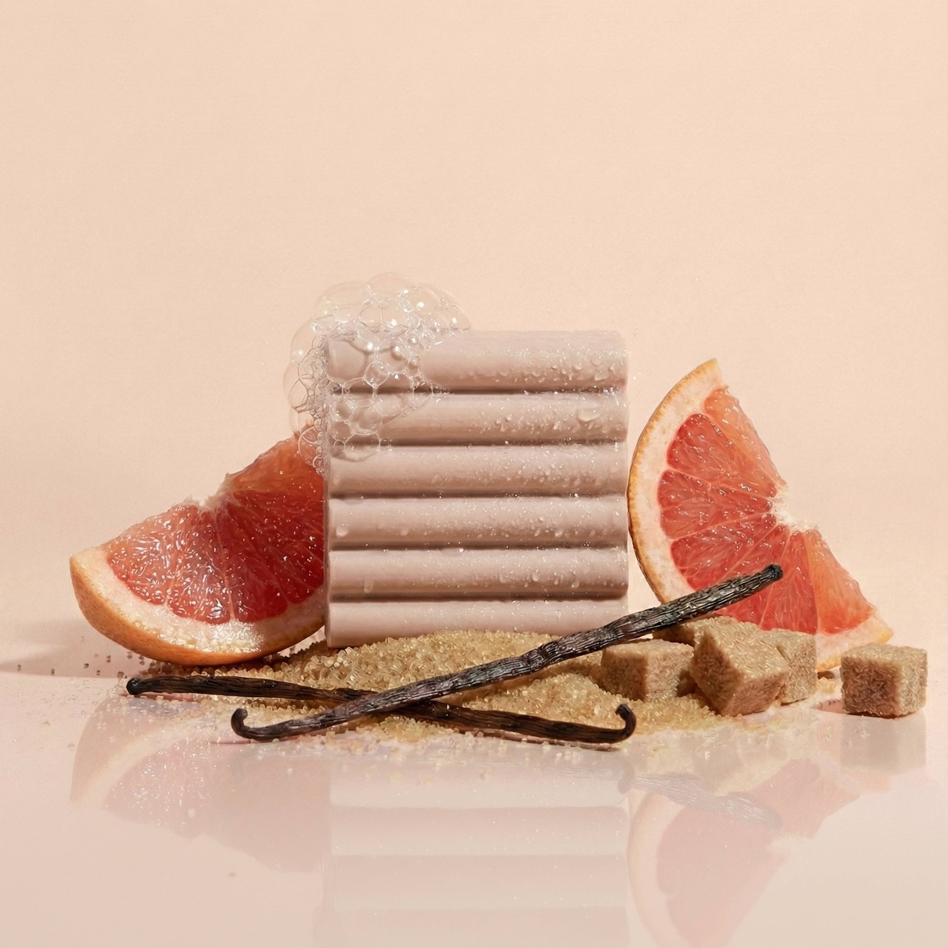 Travel-friendly body wash bar with gourmand fragrance. Grapefruit and Vanilla