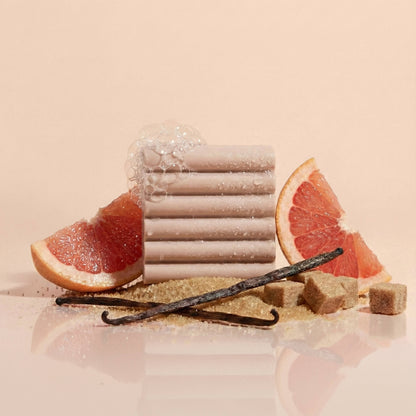Travel-friendly body wash bar with gourmand fragrance. Grapefruit and Vanilla