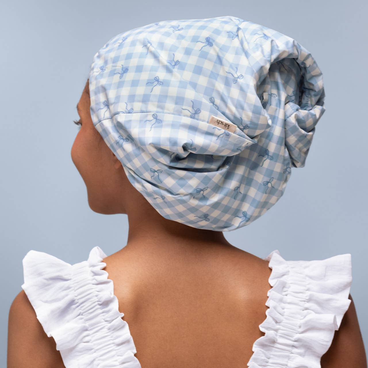 Kitsch Satin Lined Flexi Shower Cap - Gingham Blue