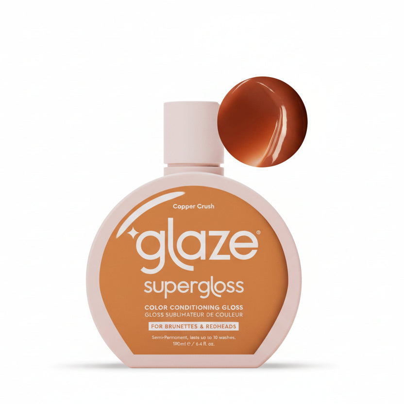 Glaze supergloss hair color packaging with a swatch of brown color on a light pink background