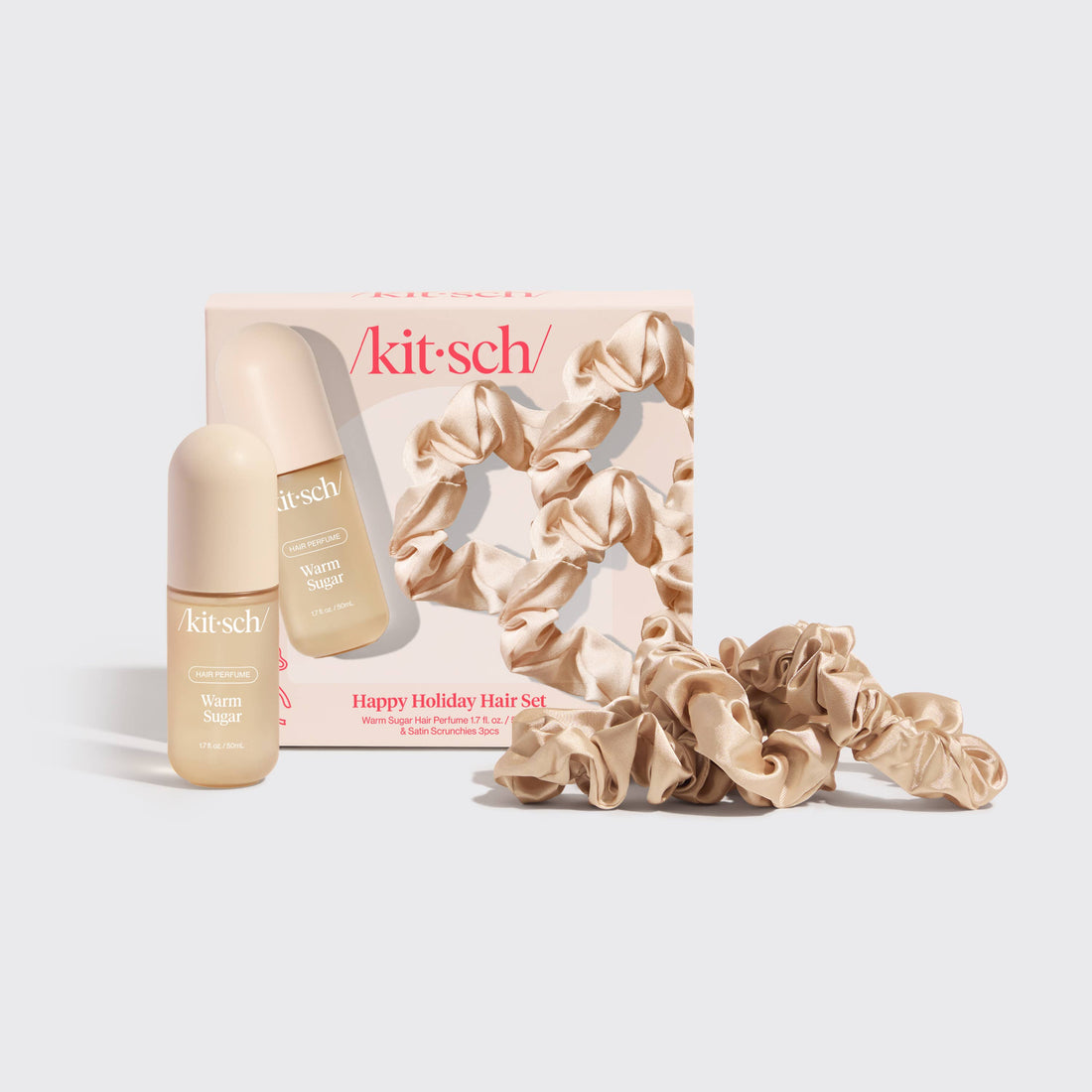 Kitsch hair care set with warm sugar pefume and scrunchies on a light background
