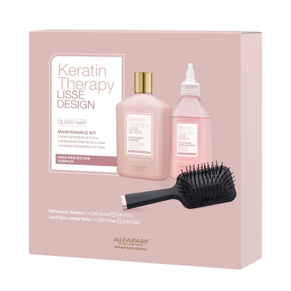 Keratin Therapy Lisse Design maintenance kit packaging with shampoo, conditioner, and brush on a pink background.