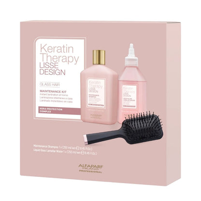 Keratin Therapy Lisse Design maintenance kit packaging with shampoo, conditioner, and brush on a pink background.