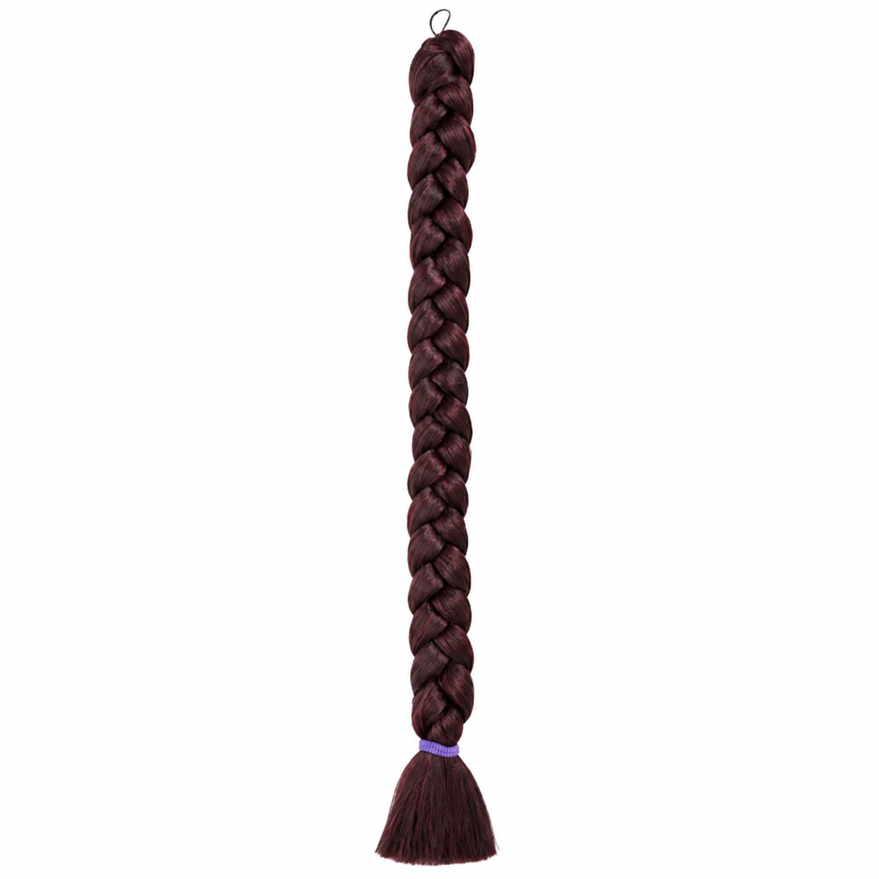 99J long synthetic braiding hair extension in a neat three-strand braid with a smooth tassel end secured by a purple elastic band, isolated on a clean white background